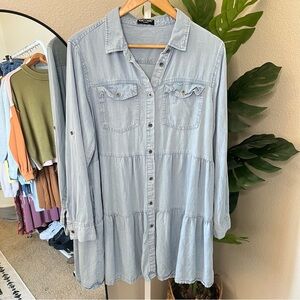 🖤 Tiered Chambray Button Front Tunic Dress Fits M/L | Lightweight Boho Chic